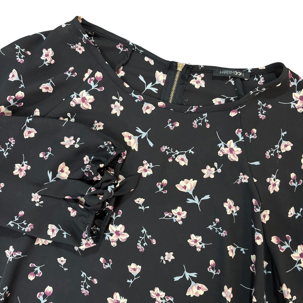 PAPERMOON Blouse Womens Large Black Floral Tie‎ Sleeve Crew Neck Top